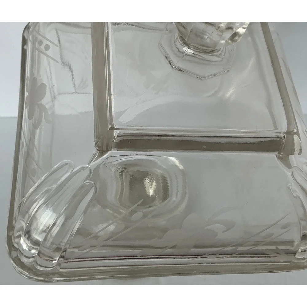 Vintage Glass Pedestal‎ Candy Dish Etched Floral Square Lidded Clear